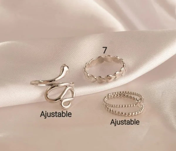 Set X 3 Anillos Serpiente Corazón Plateados