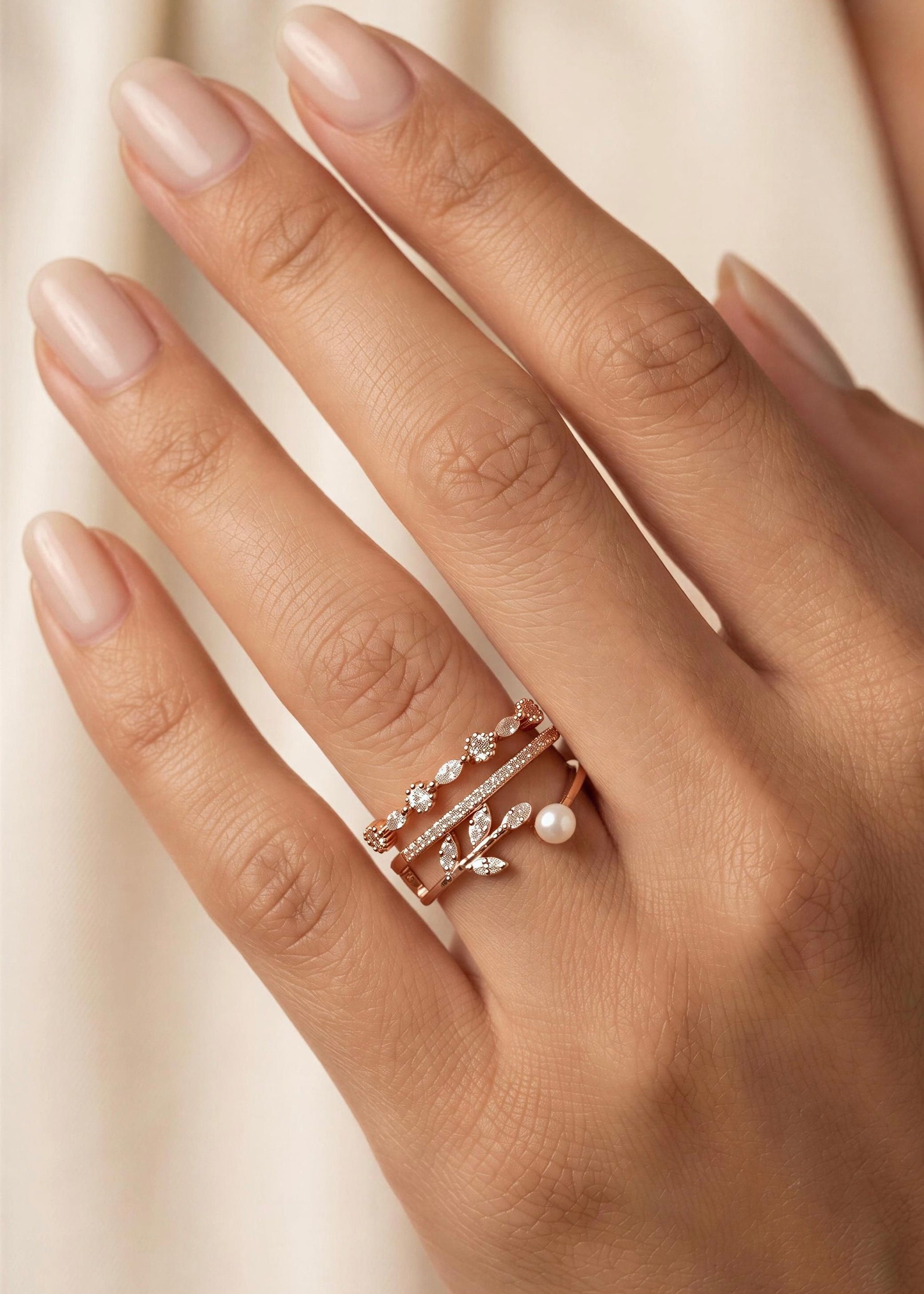 Set X 2 Anillos Espiga Perla Oro Rosa
