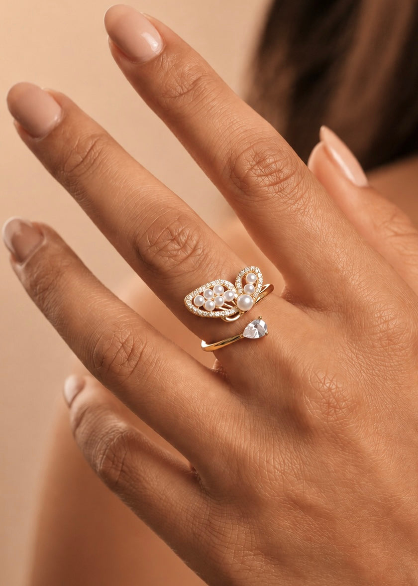 Anillo Mariposa Perlas Dorado