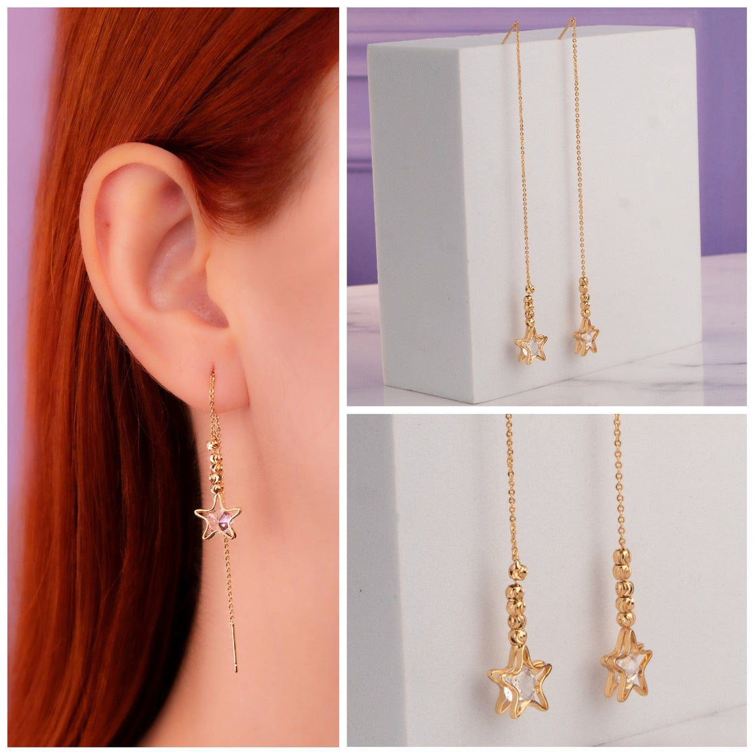 Aretes Pasantes Estrellas Dorados Ref: B1843