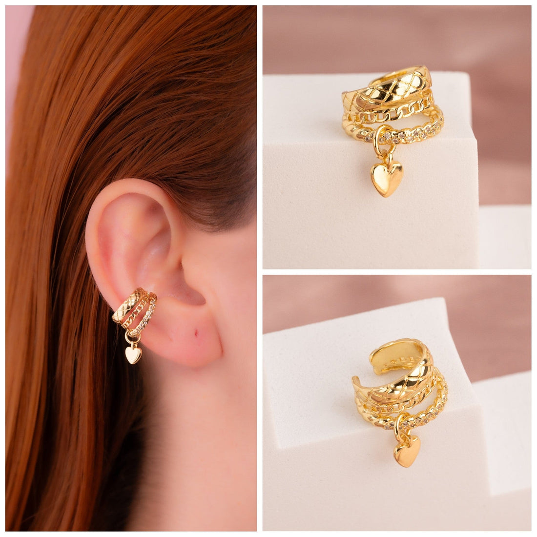 Ear Cuff Corazón Colgante Dorado Ref: E227