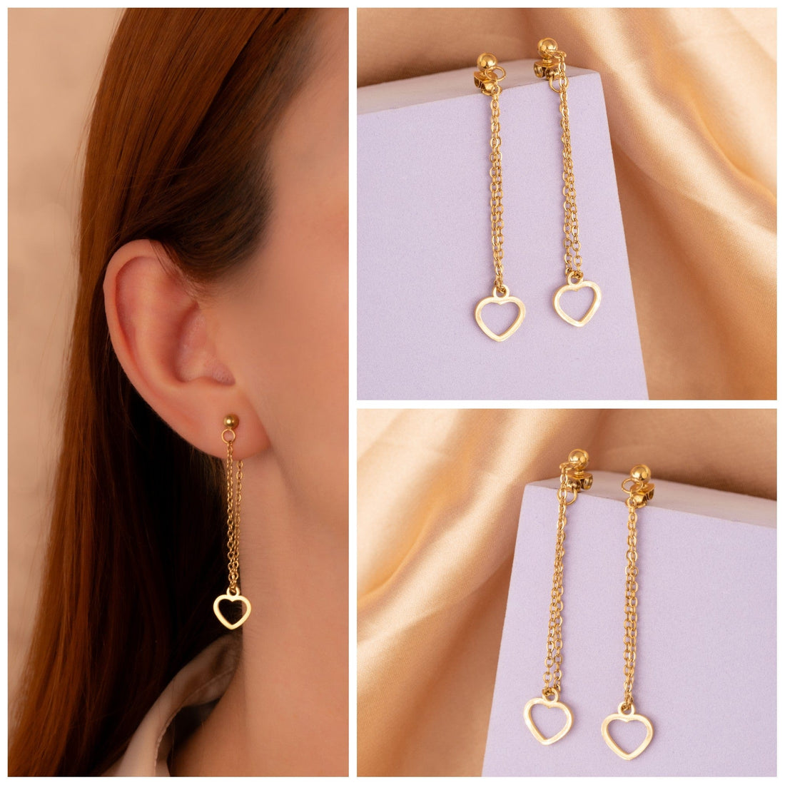 Aretes Corazones Cadenas Dorados Ref: B1944