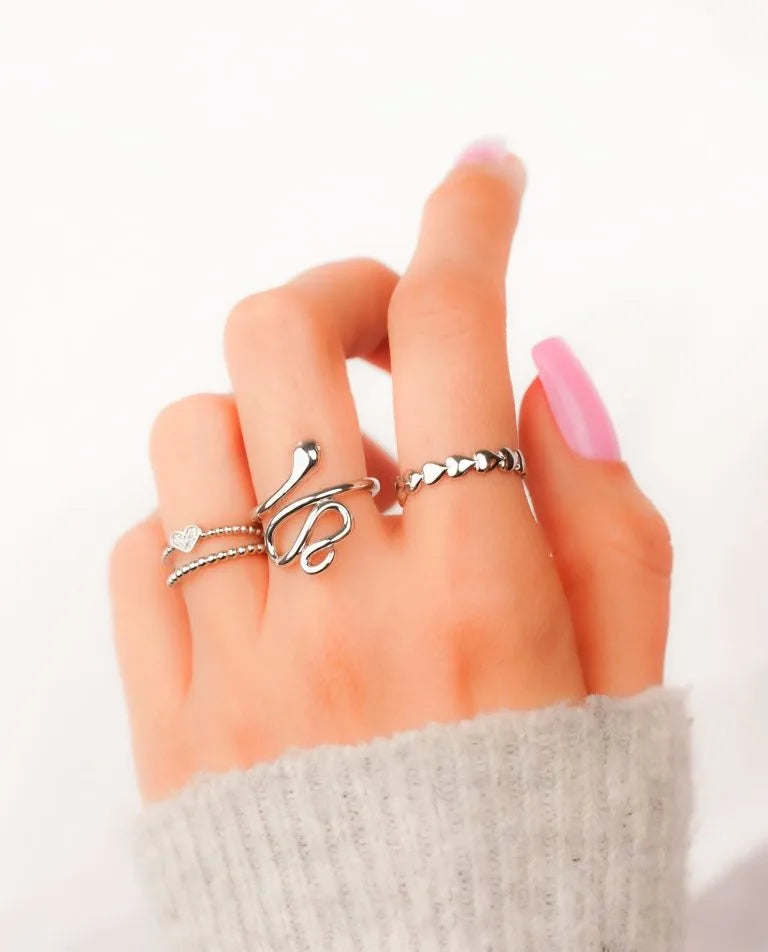 Set X 3 Anillos Serpiente Corazón Plateados