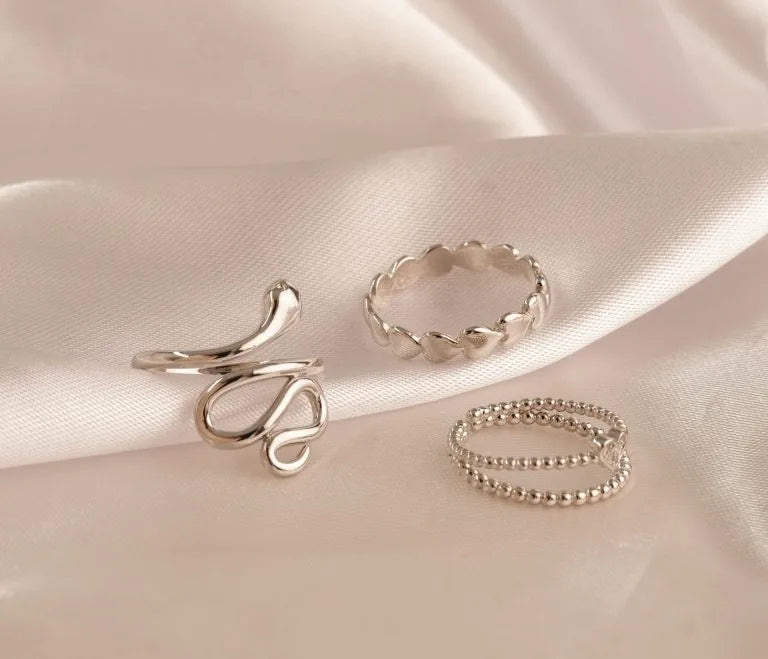 Set X 3 Anillos Serpiente Corazón Plateados
