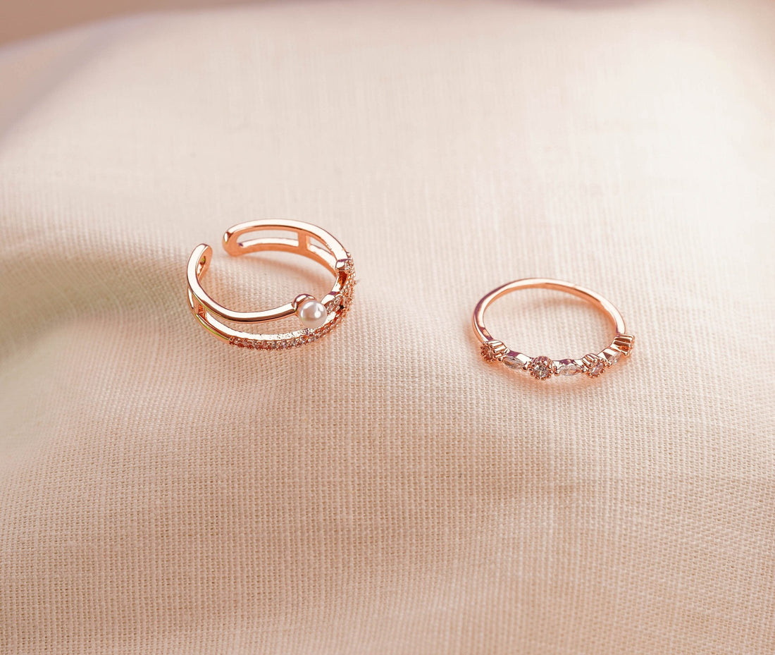 Set X 2 Anillos Espiga Perla Oro Rosa