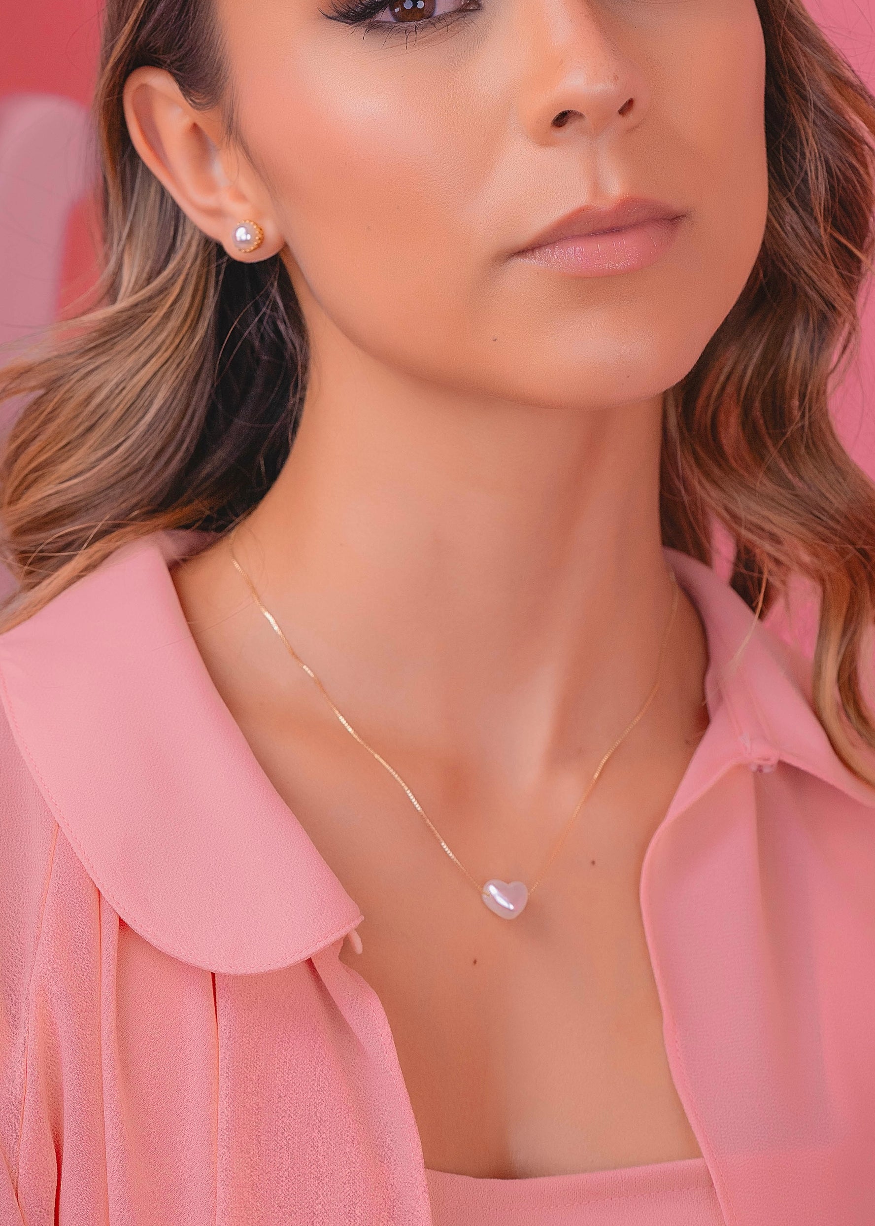 Set Cadena+ Aretes Corazón Perla