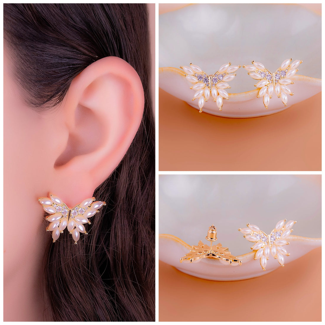 Aretes Mariposas Perlas Dorados Ref: B1884