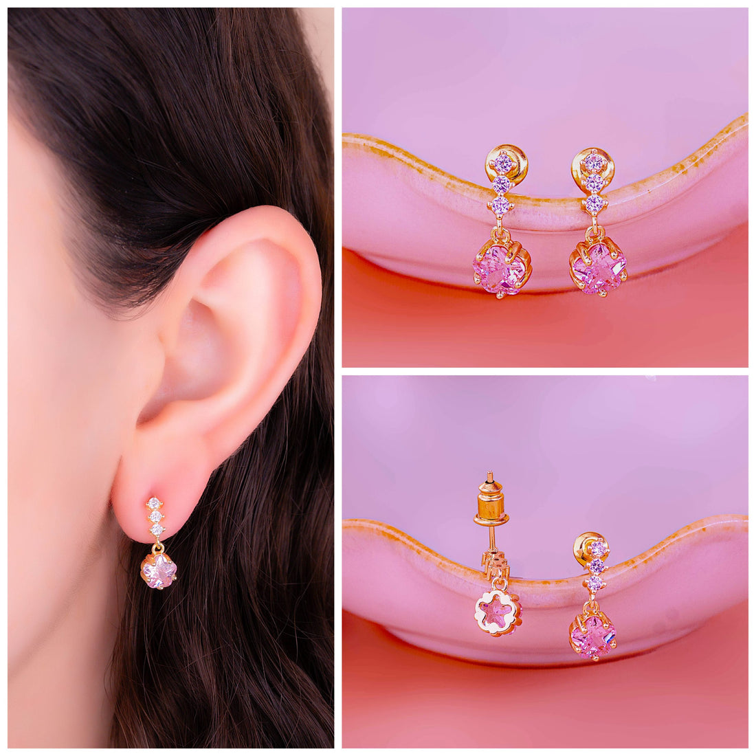 Aretes Estrellas Circones Rosa Ref: B2024