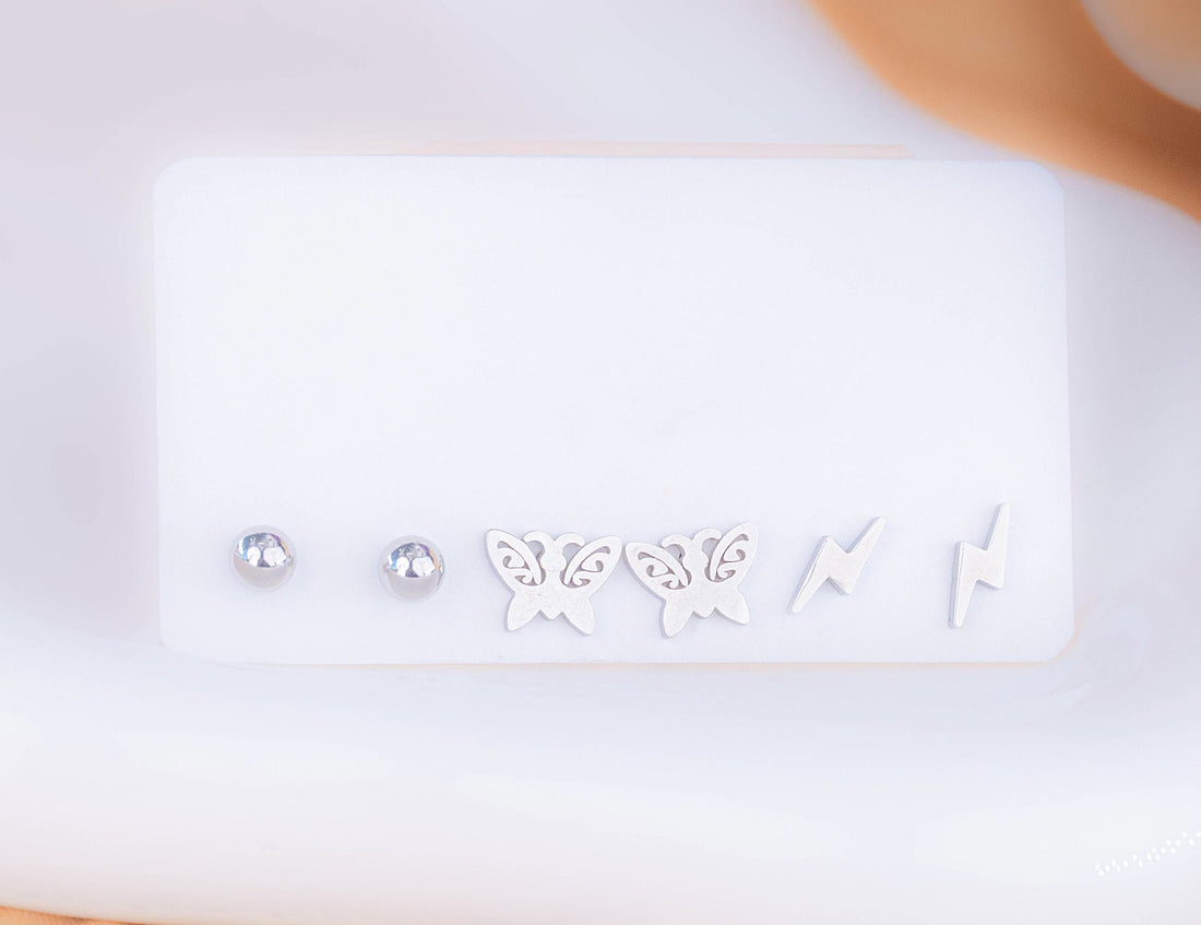 Set X 3 Pares Topitos Rayos Mariposas Plateados Ref:K571