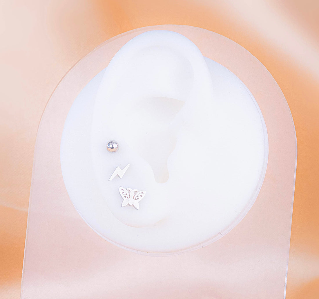 Set X 3 Pares Topitos Rayos Mariposas Plateados Ref:K571