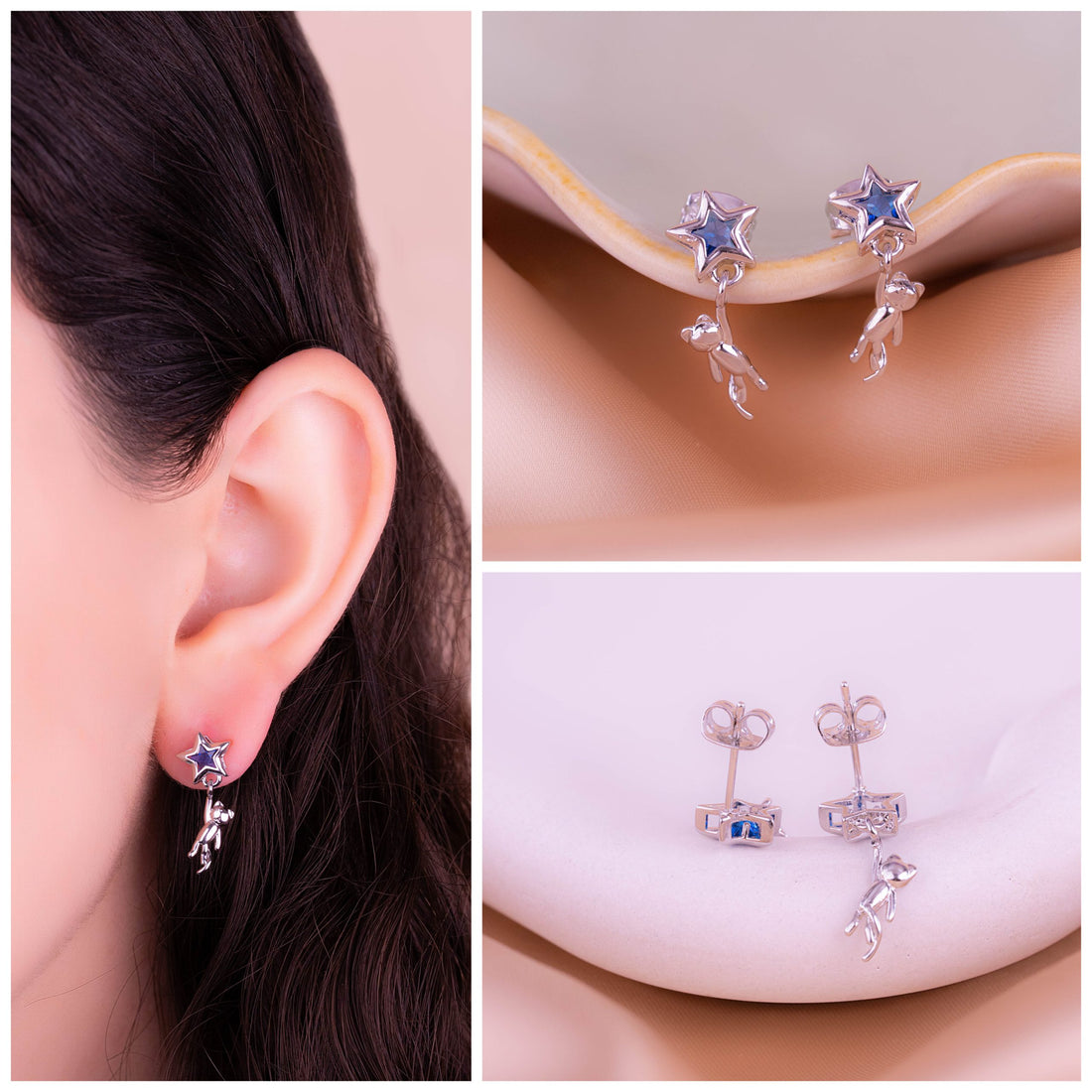 Aretes Gatos Estrellas Plateados Ref: B964