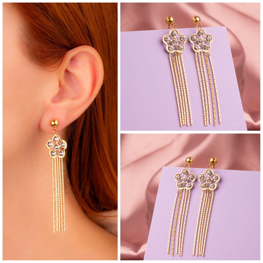 Aretes Flores Circones Lazos Dorados Ref: B607