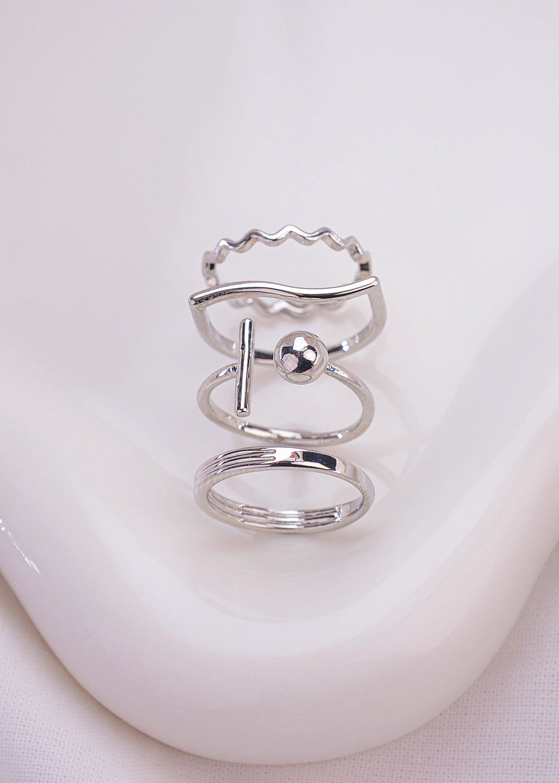 Set X 4 Anillos Balin Ondas Plateados