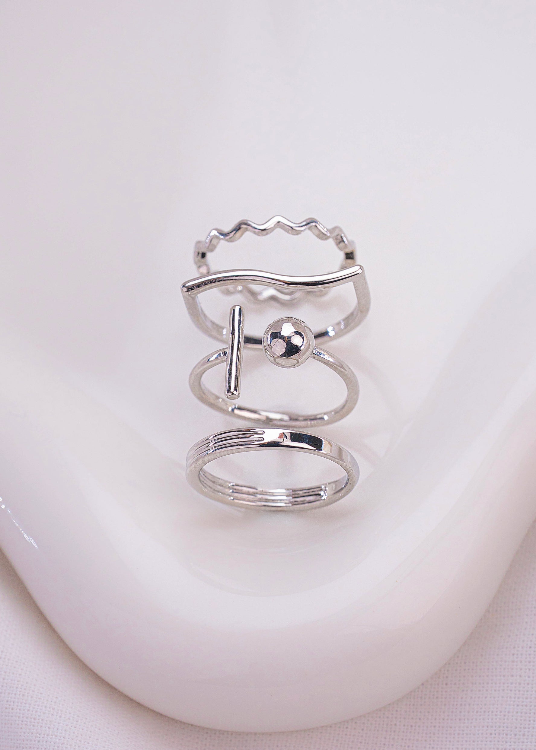 Set X 4 Anillos Balin Ondas Plateados