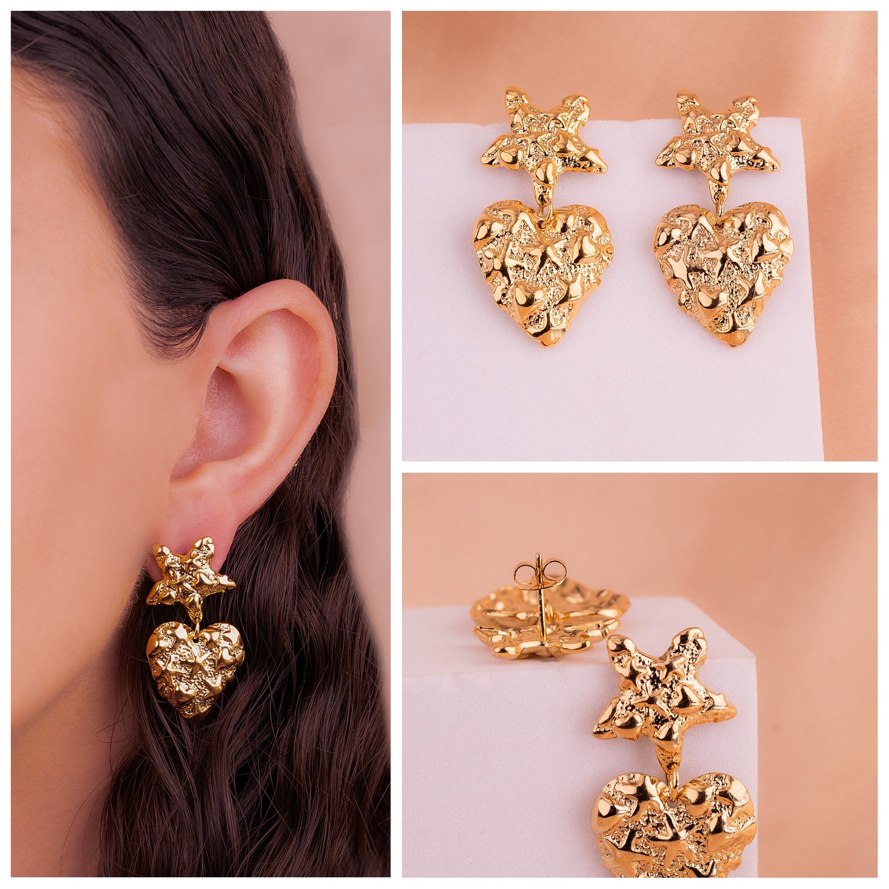 Aretes Estrella Corazón Martillados Ref: B1167