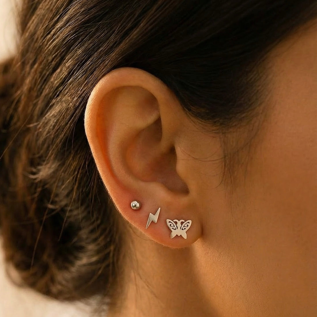 Set X 3 Pares Topitos Rayos Mariposas Plateados Ref:K571